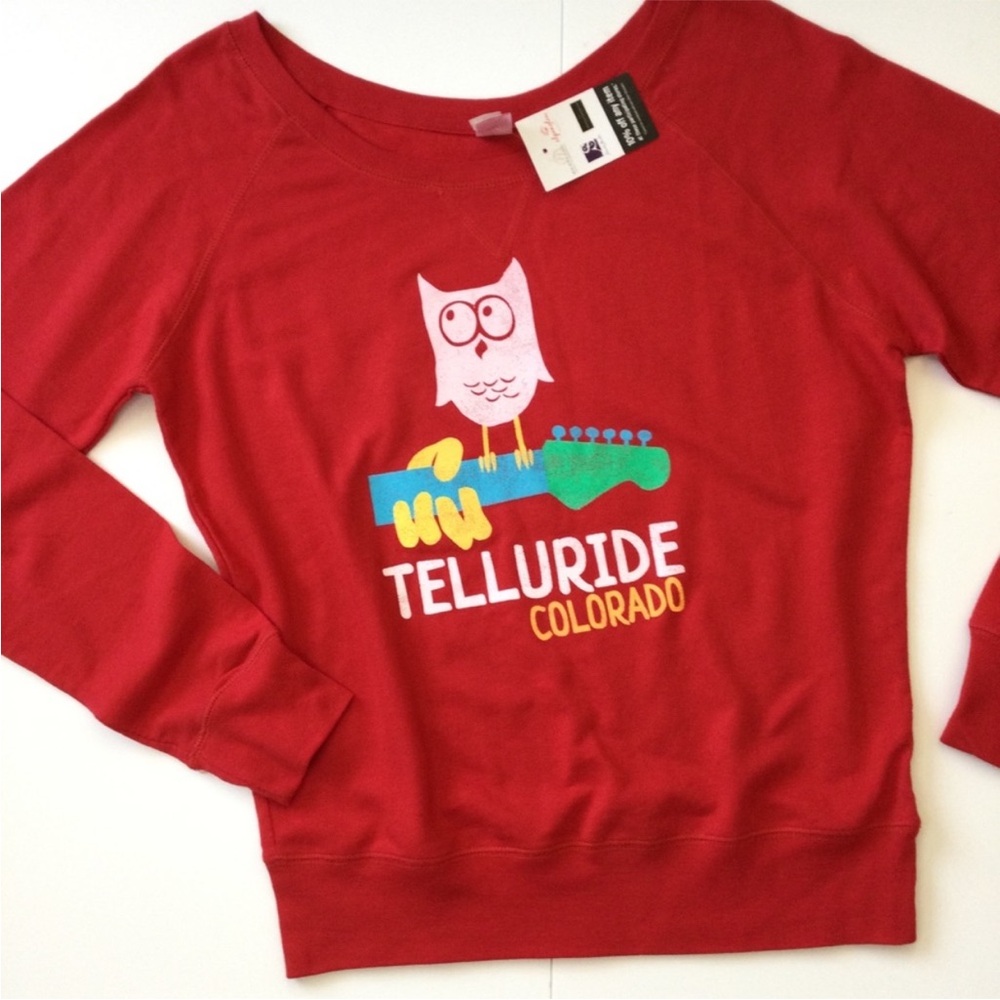 Telluride Colorado Slouchy Pullover Red Owl & Guitar Graphic Long Sleeve Top